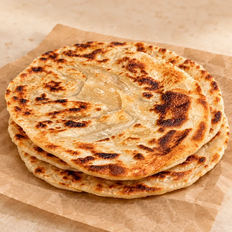 A stack of golden, thin-layered bread on parchment, with crisp browned edges.