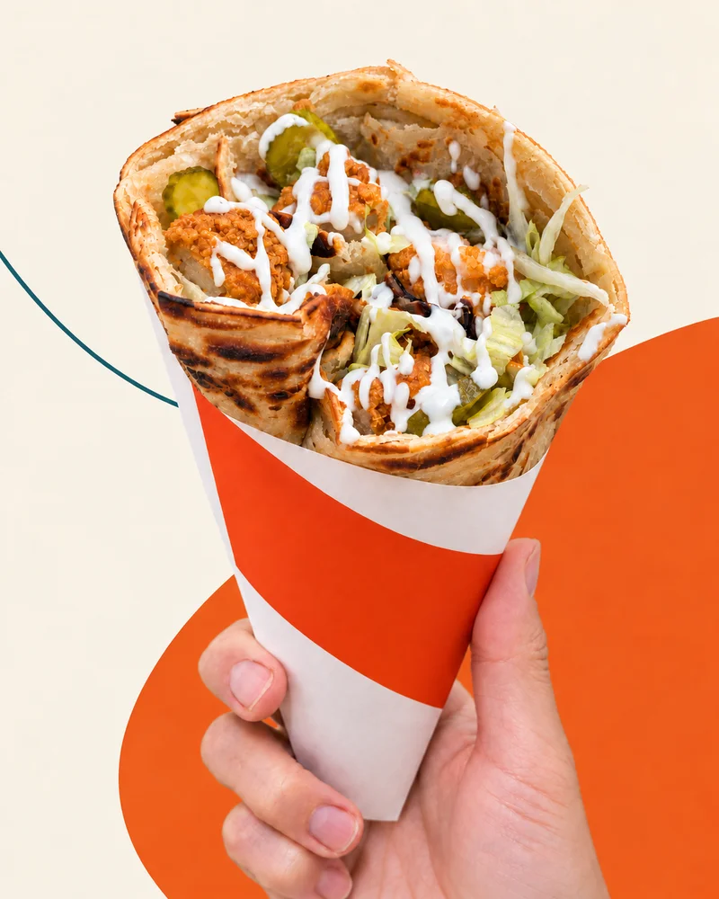 Golden Bread wrap filled with crispy chicken, lettuce, and sauce in an orange sleeve.